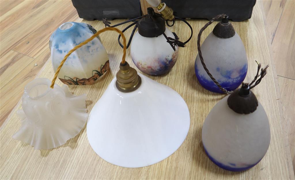 A pair of French Degue cased glass light shades, 17cm and four other various glass light shades